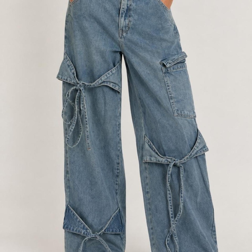 Cider Blue Tie-Detail Wide Leg Cargo Jeans